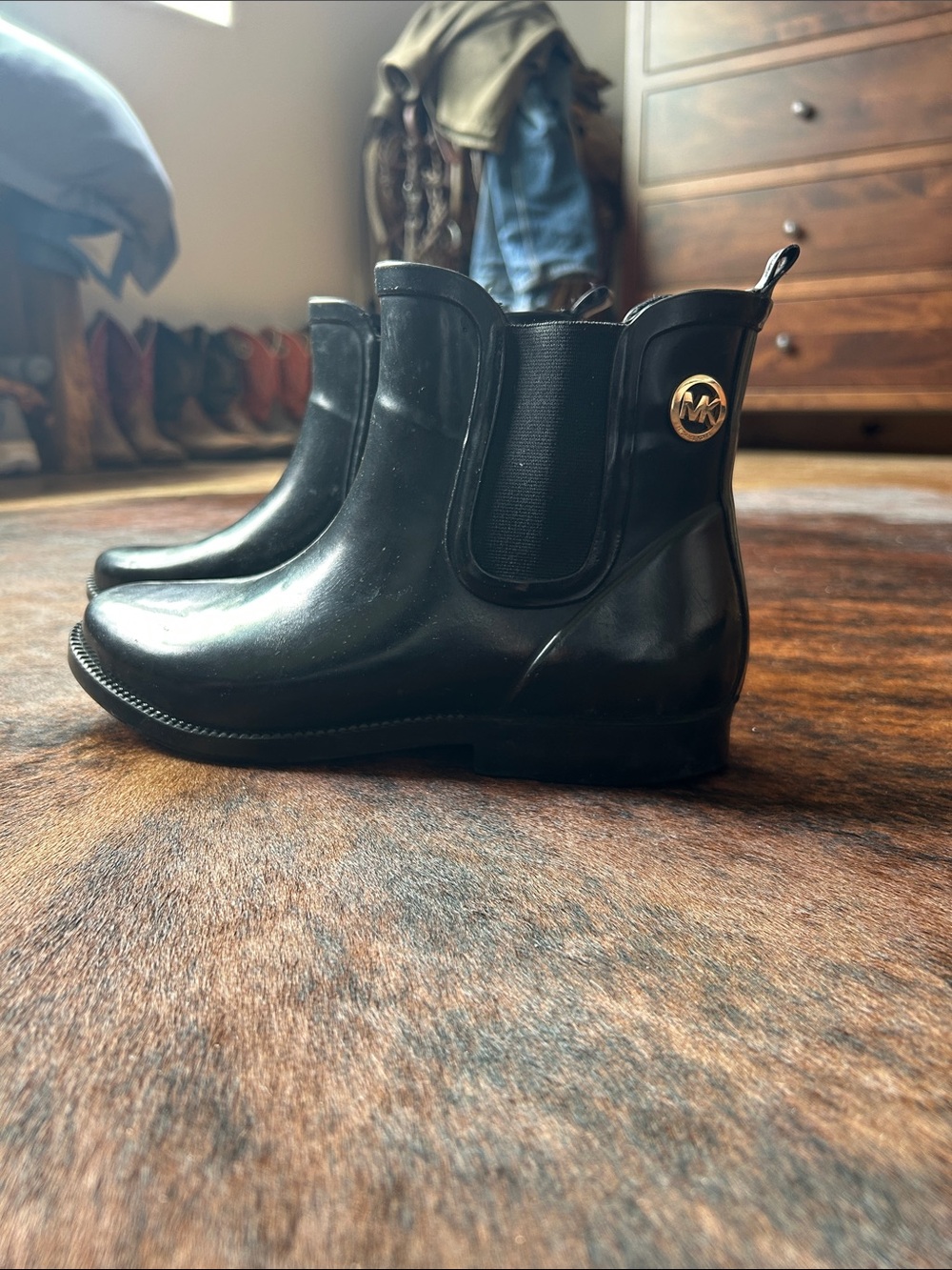 Michael Kors Black Chelsea Rain Boots with Gold MK Medallion